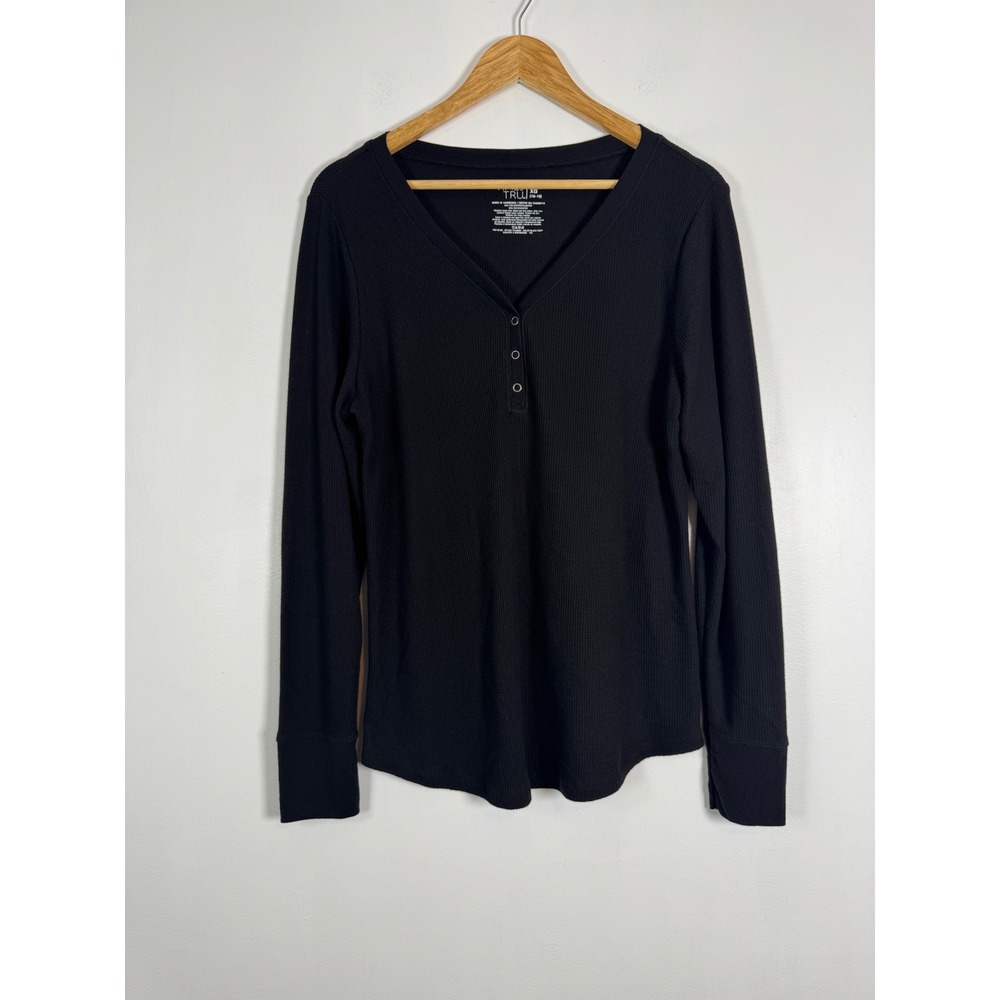 Casual Time and Tru Women XL Henley Top Black Waffle Knit Long Sleeve Soot